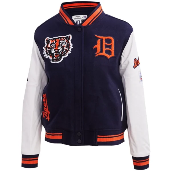 Detroit Tigers Women’s Retro Classic Wool & Leather Varsity Jacket Navy & White