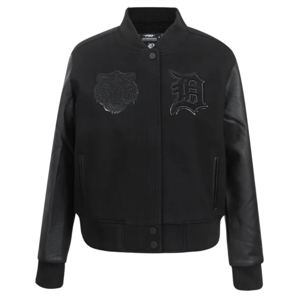 Detroit Tigers Women's Triple Black Rib-Knitted Wool & Leather Varsity Jacket