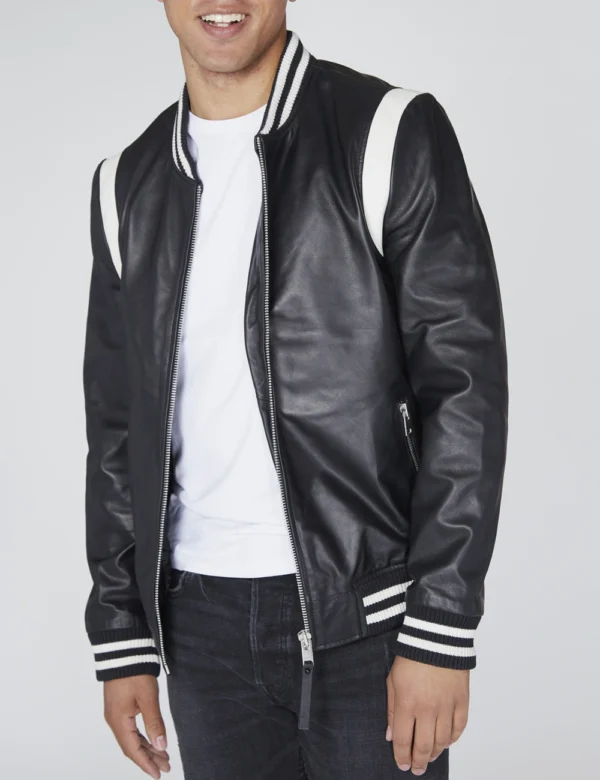 Vaxton White Striped Hybrid And Black Full Real Leather Varsity Jack