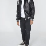 Vaxton White Striped Hybrid And Black Full Real Leather Varsity Jacke