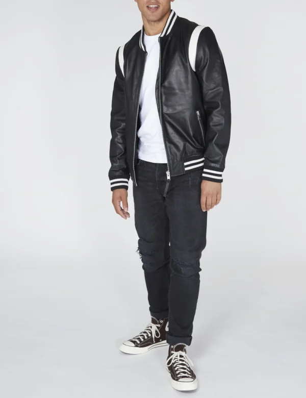 Vaxton White Striped Hybrid And Black Full Real Leather Varsity Jacke